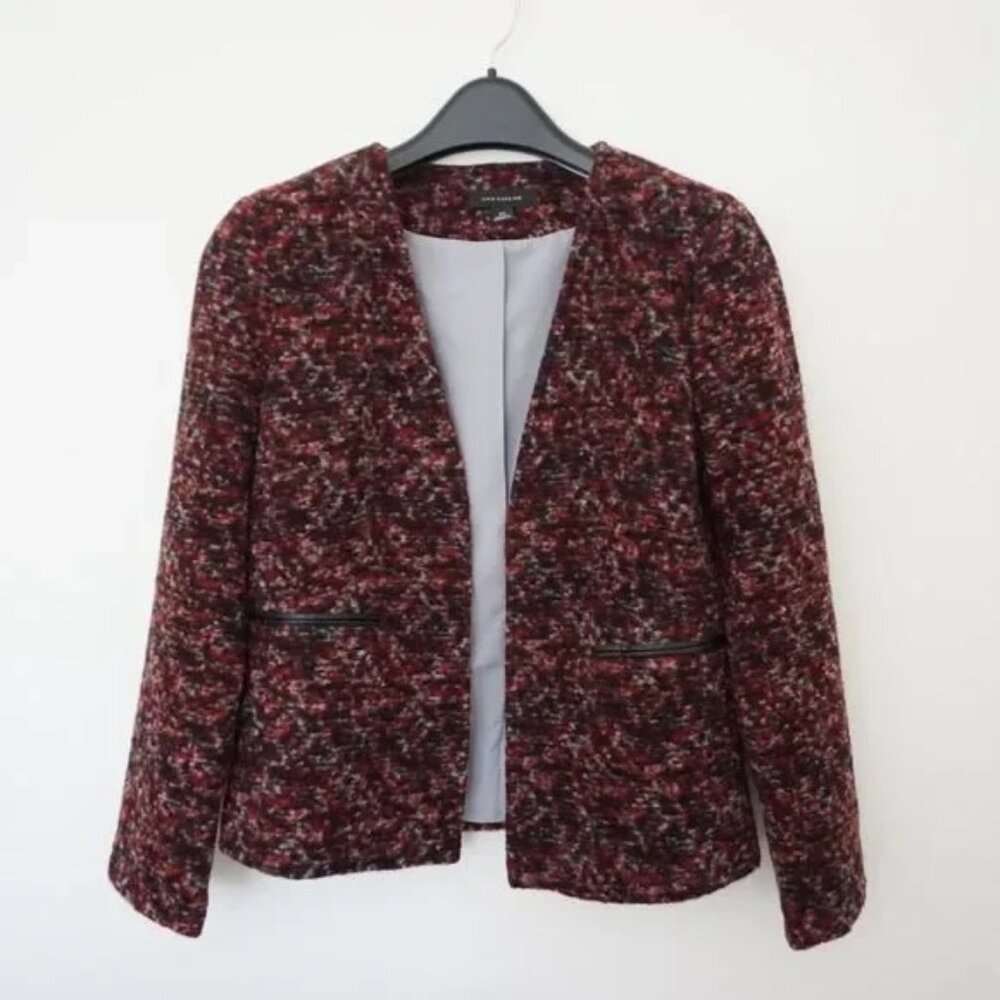 Ann Taylor Wool Blend Blazer XS Burgundy Red Black Marble Textured Collarless